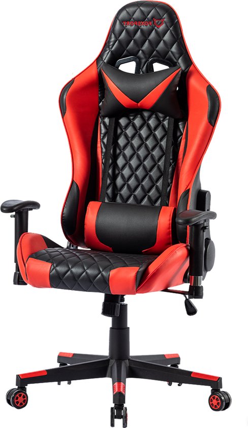 K IKIDO Gaming Chair - Chaise de bureau - Chaise de jeu - Chaise de Gaming - Hauteur réglable 48 à 58 CM - Avec coussin de nuque et coussin de dossier réglable - Simili cuir - Rouge/ Zwart