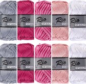 Rio katoen garen pakket - roze grijs multi en uni kleuren - 10 bollen van 50 gram
