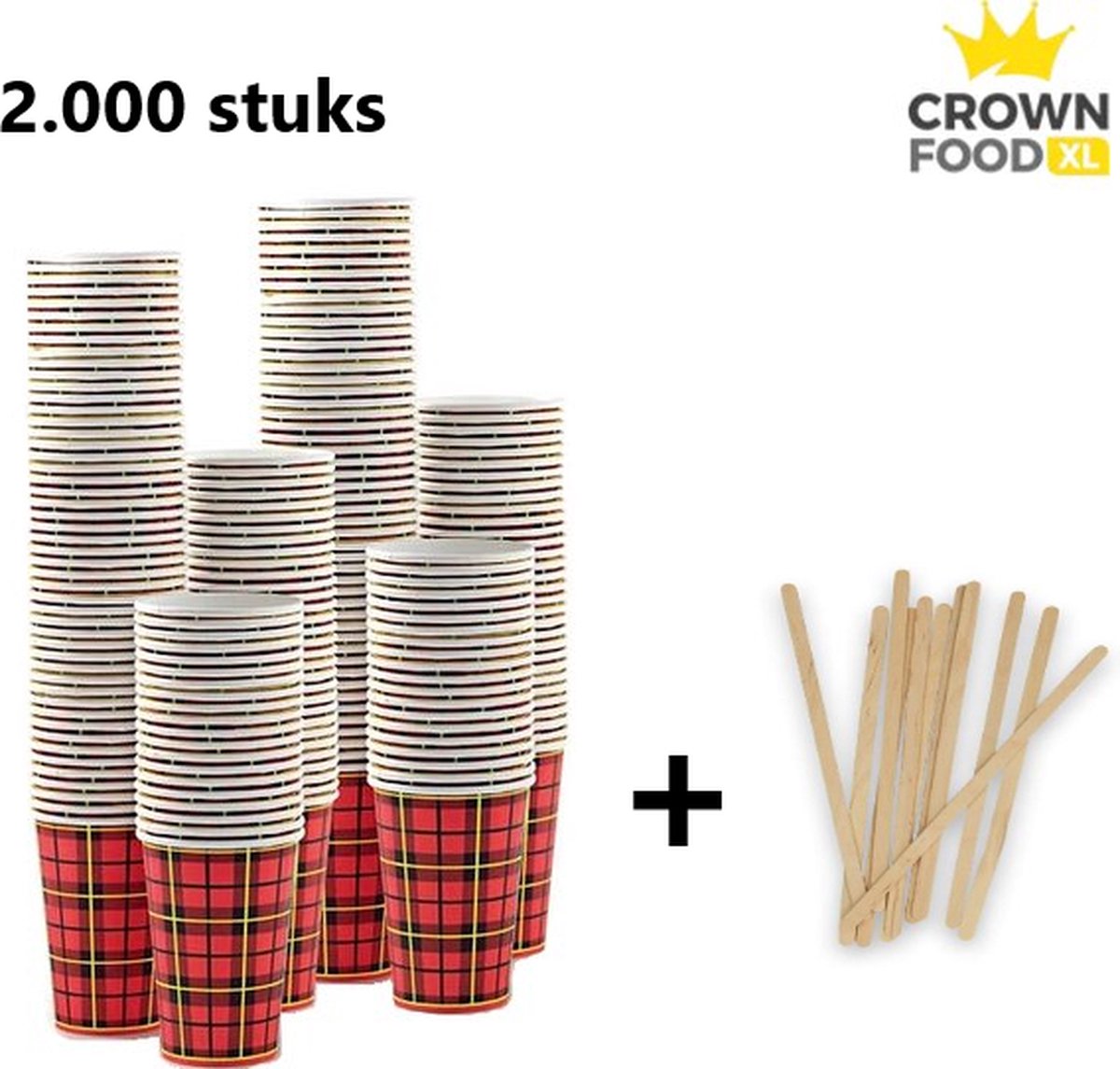 2.000st Kartonnen bekers 180ml + houten roerstaafjes - wegwerp - scotty schotse ruit - Crown Food XL®