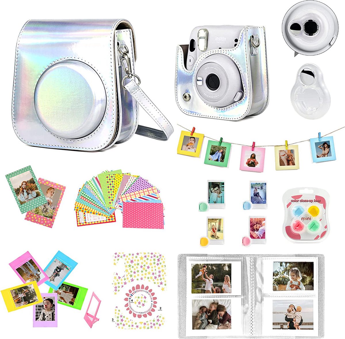 YONO Accessoires Set geschikt voor Fujifilm Instax Mini 11 - Case - Camera Tas - Hoesje - Filters - Fotoboek - Fotoalbum - Stickers en meer - Zilver