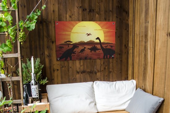 Posters de jardin extérieur Dino - Soleil - Nature - Dessin - Enfants - Garçons - 90x60 cm - Toile jardin - Affiche extérieure