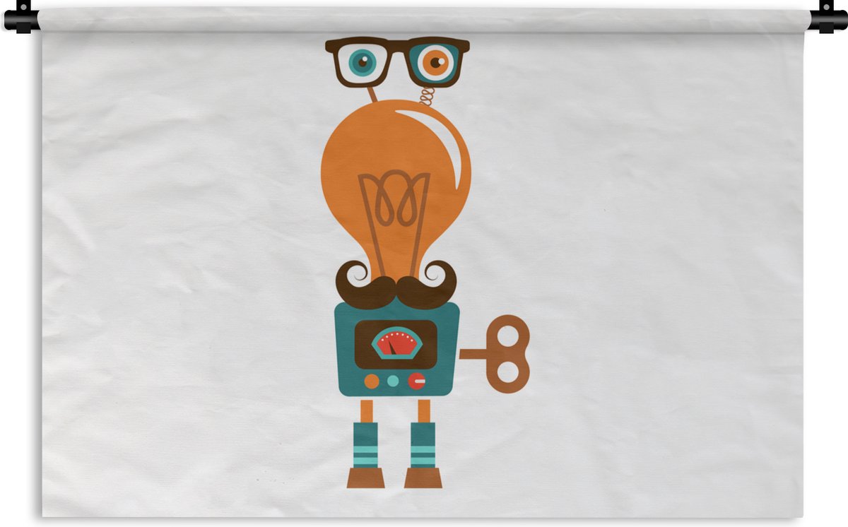 Wandkleed - Wanddoek - Robot - Bril - Gloeilamp - Snor - Kinderen - Jongens - 180x120 cm -