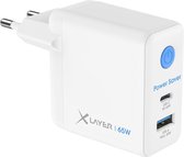 XLayer 65W Power Saver Wandlader - 1 x USB-C PD 65W - 1 x USB QuickCharge 3 60W - Energiezuinige GaN oplader dankzij aan/uit knop - wit