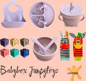 BABYBOX JUMPYTOYS - Babygeschenkset - Kraamcadeau - Kinderservies - Eetservies - Babyblokken - Babysokken met rammelaar - Babybox - PINK