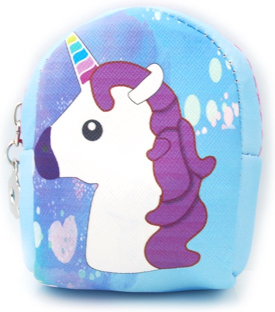 Tashanger kinderen meisjes portemonnee buideltje unicorn 7x10 cm met rits kunstleer blauw
