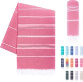 LAYNENBURG Premium fouta hammam handdoek met handgeknoopte franjes - 100% katoen XXL hamamdoek 95x180 cm - OEKO-TEX 100 pestemal strandlaken - saunahanddoek & strandlaken (Roze)