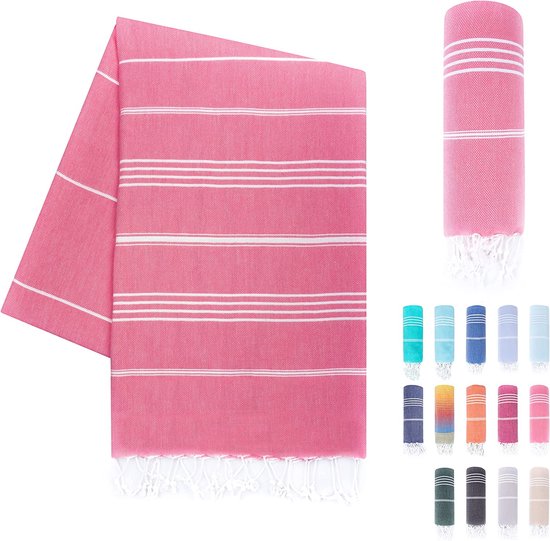 LAYNENBURG Premium fouta hammam handdoek met handgeknoopte franjes - 100% katoen XXL hamamdoek 95x180 cm - OEKO-TEX 100 pestemal strandlaken - saunahanddoek & strandlaken (Roze)