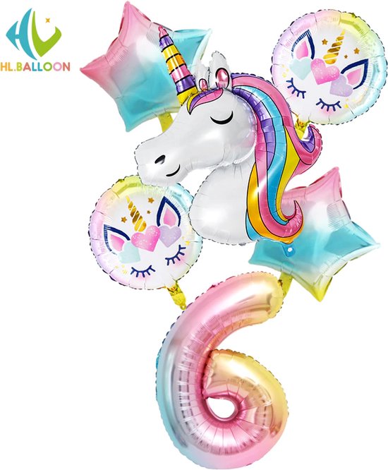 Unicorn Ballonnen Set - Leeftijd: 6 jaar - Themafeest Eenhoorn / Unicorns - Meisjes Verjaardag Versiering / Feestpakket - Unicorn Kinderfeestje - Heliumballon / Leeftijdballon / Folieballon - Feestversiering - Eenhoorn / Paarden Kinderfeestje