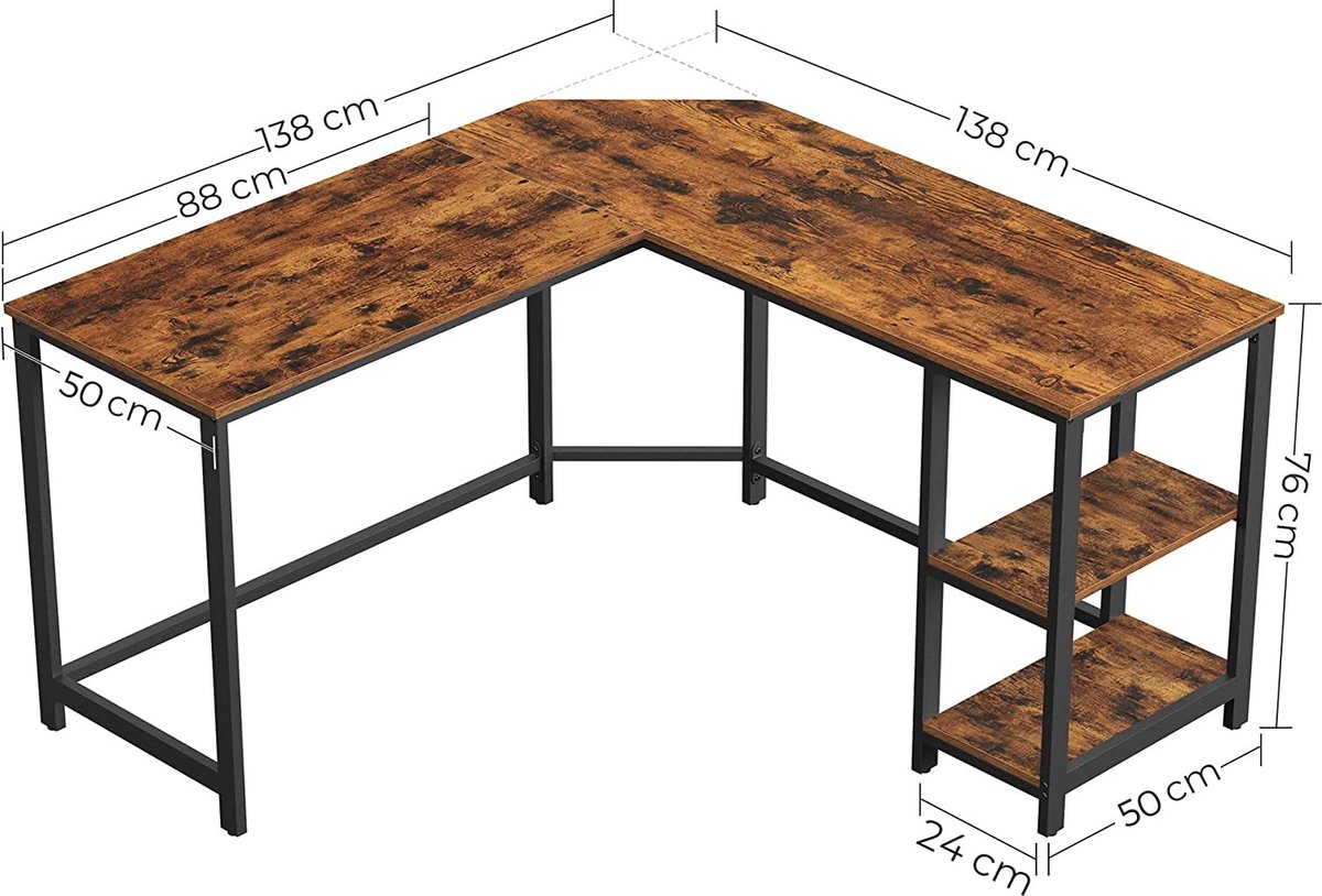 MIRA Home - Bureau - Laptop tafel - L-vormig - Hout/Metaal - Bruin/Zwart