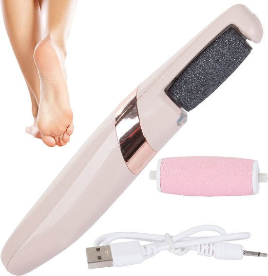 Roze elektrische eeltverwijderaar met schuurband, polijstkop, USB-kabel en afbeelding van een voet.