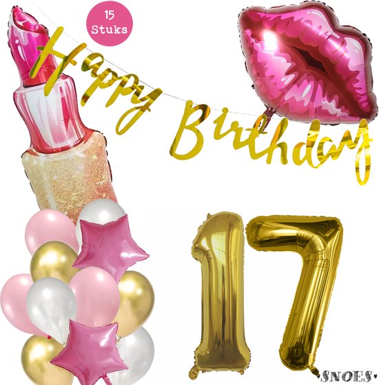 Snoes Beauty Helium Ballonnen Set 17 Jaar - Roze Folieballonnen - Slinger Happy Birthday Goud