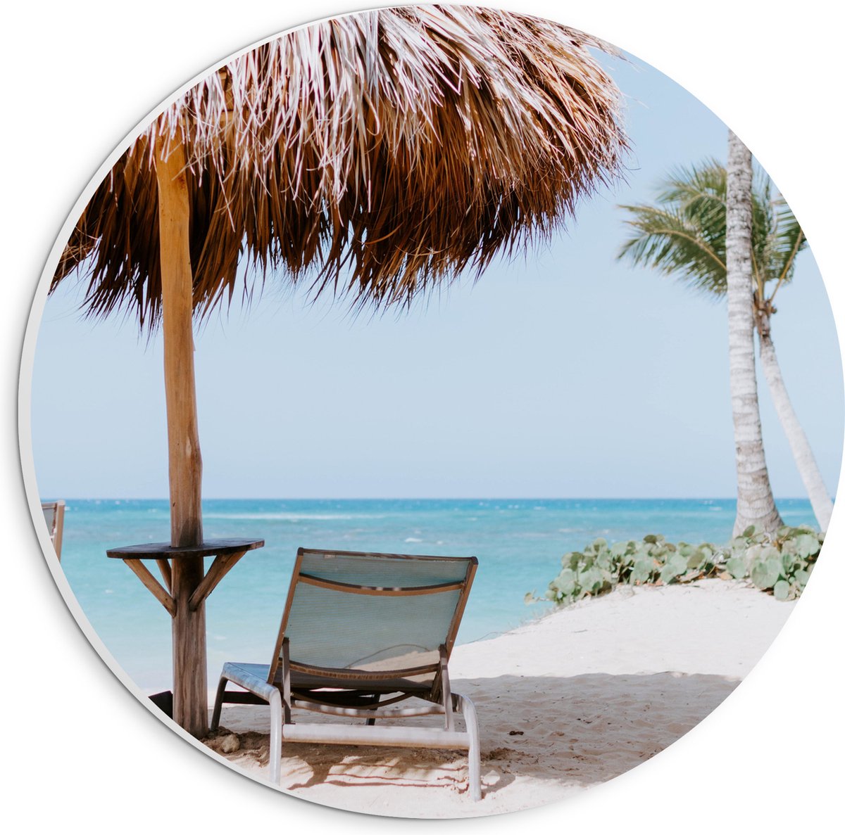 PVC Schuimplaat Muurcirkel - Ligbedden onder Rieten Parasol met Palmboom - 20x20 cm Foto o