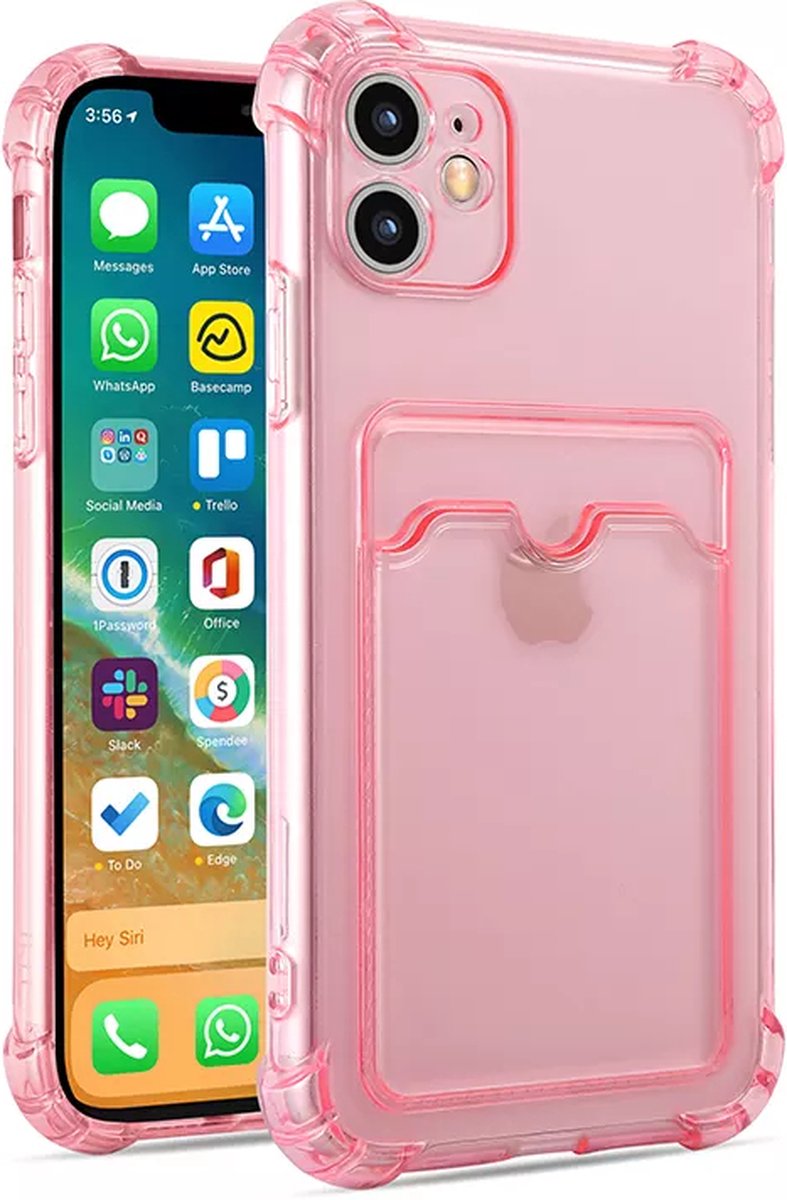 Anti Shock doorzichtig siliconen schokproef backcover met Pashouder - telefoonhoesje met vakje voor pasje - telefoonhoesje met vakje voor pasje - Geschikt voor Appel iPhone 12 - Roze/Transparant