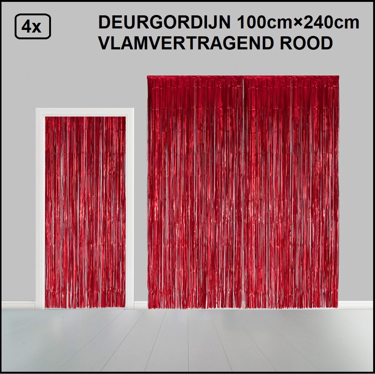 4x Folie gordijn metallic 2,4m x 1m rood - vlamvertragend - Decoratie festival themafeest huwelijk Hollywood gala disco glitter and glamour wanddeco
