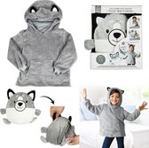 Oodie Kids - Couverture polaire - 66x53 - Plaid avec manches - Couverture à capuche - Blanket- Kids - Loup gris