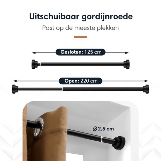 Uitschuifbare gordijnroede van 125 cm gesloten tot 220 cm open, zwart metaal.