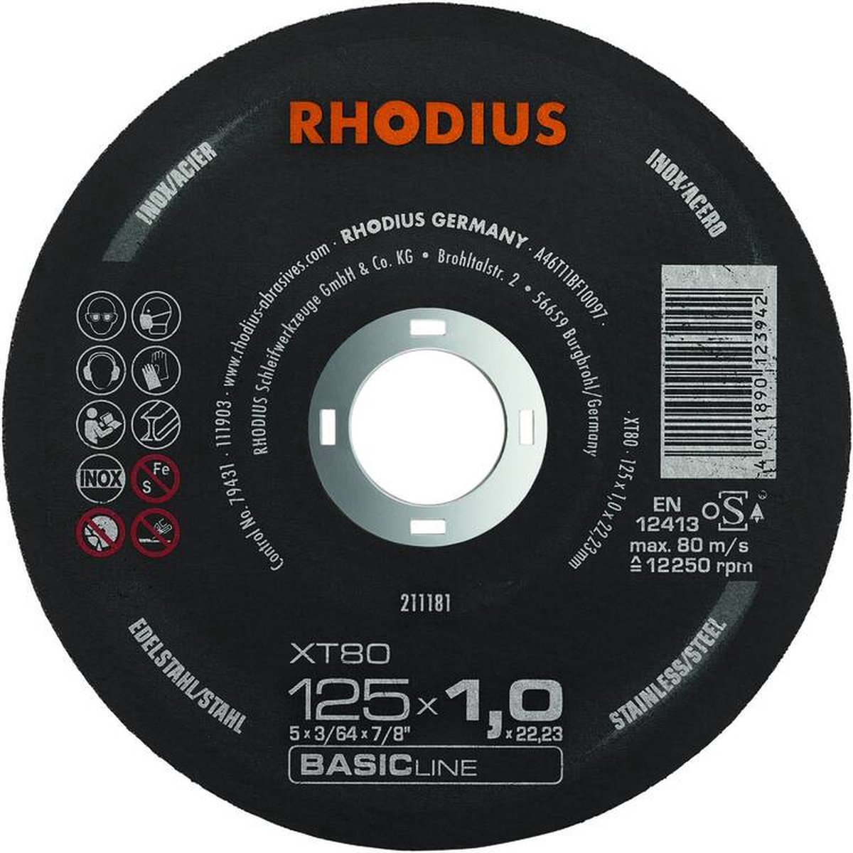 Rhodius INOX doorslijpschijven XT80, 125 x 1 x 22,23 mm, 10 stuks