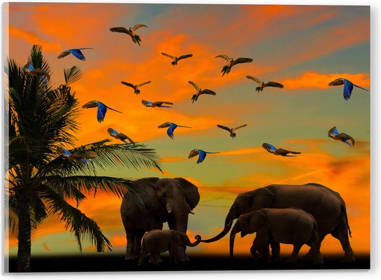 WallClassics - Acrylglas - Olifanten bij Palmbomen met Tropische Vogels - 40x30 cm Foto op Acrylglas (Wanddecoratie op Acrylaat)