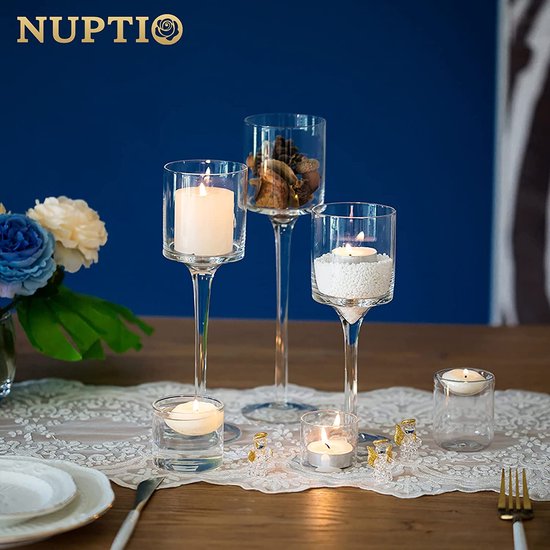 thumbnail: Nuptio Glazen Theelichthouders Set Van 3 - Verschillende Hoogtes (20, 23, 26 Cm), Elegante Steel Voor Sfeerverlichting