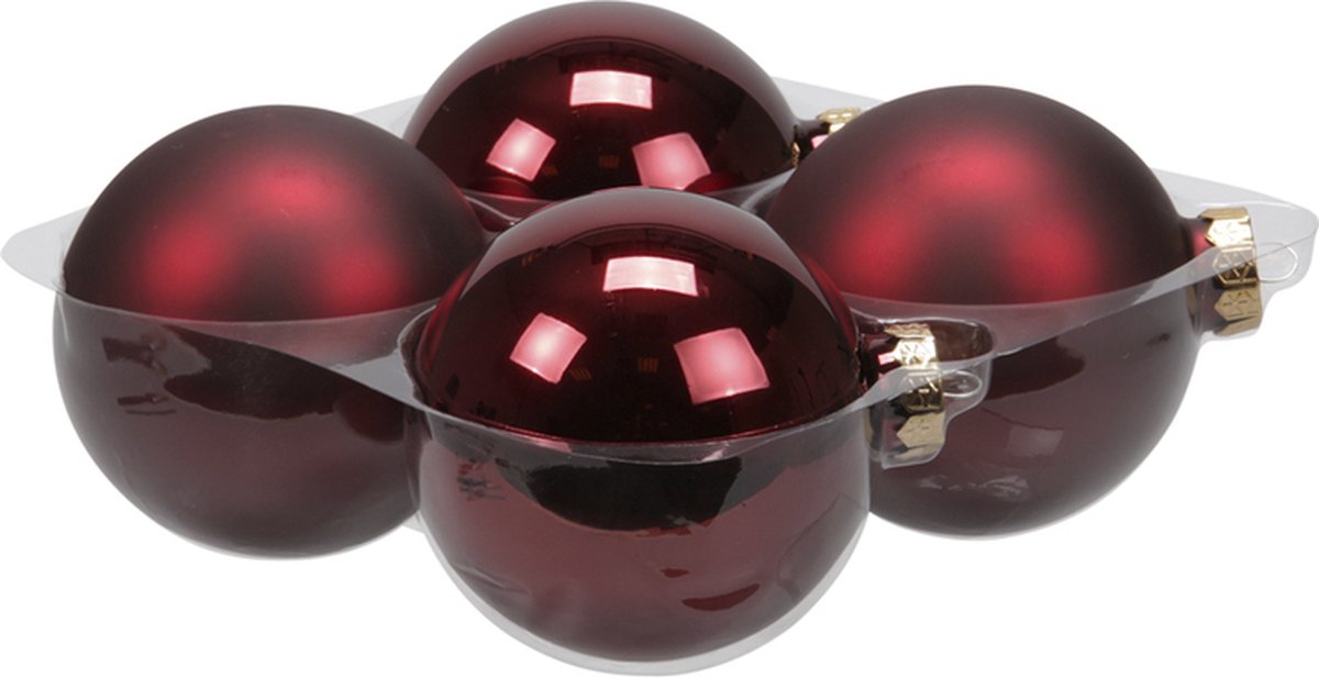 Dark Red Combi Kerstballen - Cb. 4 Glassballs/cap Dark Red Combi 100 Mm