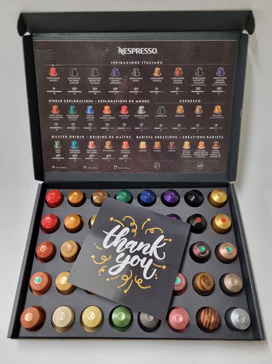 Goedkoopste Nespresso & Starbucks Koffie Proeverij Pakket groot 40 stuks verschillende smaken met Mystery Card 'Thank You' met persoonlijke (video) boodschap | Verjaardag | Sinterklaas | Kerstpakket | Vaderdag | Moederdag | Jubileum | Valentijnsdag