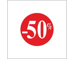 Promotie Stickers - Korting Stickers - 50% korting - Reclame-sticker - rond 25 mm - Rood - Rol à 500 stuks