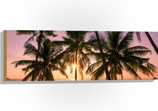 Hout - Tropische Palmbomen voor Oceaan en Zonsondergang - 90x30 cm - 9 mm dik - Foto op Hout (Met Ophangsysteem)