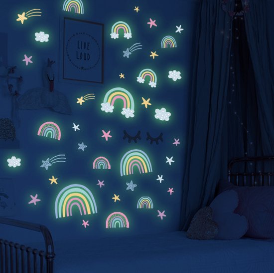 Stickerkamer® Sticker Muursticker Arcs-en-ciel Glow dans le noir | Étoiles | Inspiration pépinière | Fille | Garçon | Chambre des enfants | Chambre de bébé | Décoration murale |