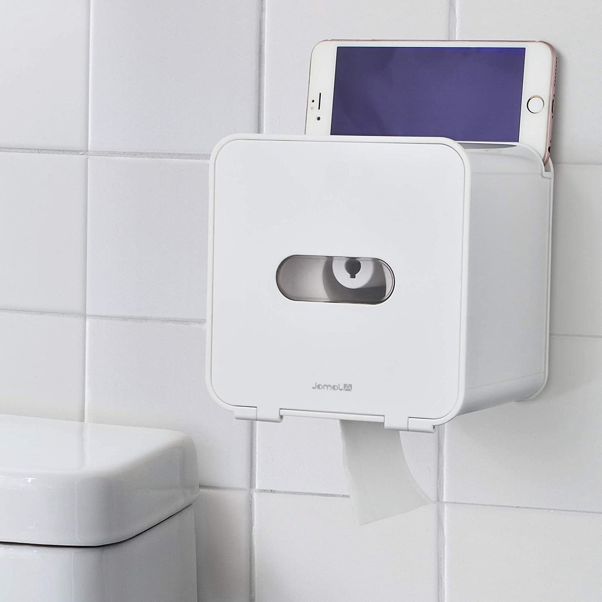JOMOLA Huisdier Proof Toiletpapierhouder Zelfklevende rol Toiletpapierdispenser met Telefoonplank Wandmontage Toilet Tissue Houder Wit