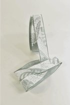 Verpakkings Lint - Satijnlint Met Opdruk Bladeren 25mm 20mtr Jade/wit