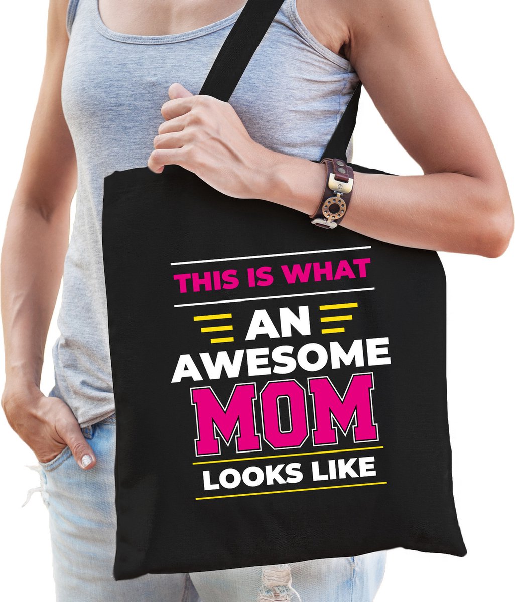 Bellatio Decorations Awesome mom katoenen tas - zwart 42 x 38 cm