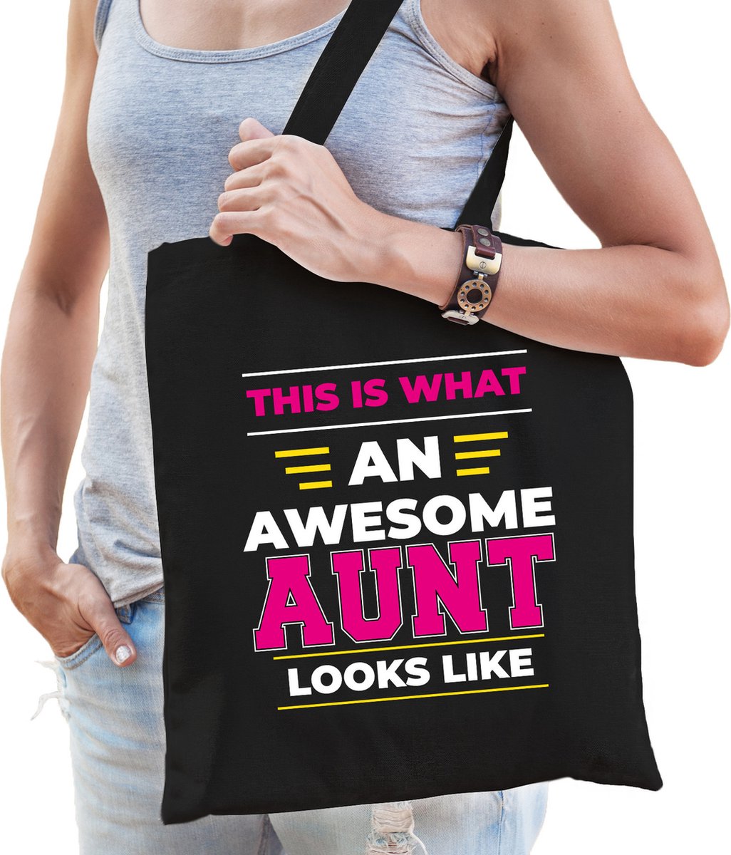 Bellatio Decorations Awesome aunt katoenen tas - zwart 42 x 38 cm