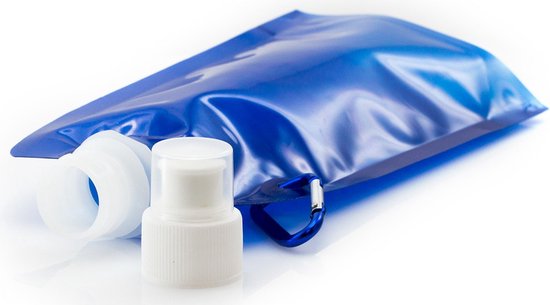 Blauwe, opvouwbare waterzak met witte dop en losse dop, met blauwe karabijnhaak.