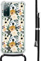 Hoesje met koord - Geschikt voor Samsung Galaxy S20 FE - Lovely flowers - Verstelbaar zwart koord - Crossbody - Bloemen - Transparant, Geel - Leuke Telefoonhoesjes