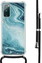 Hoesje met koord - Geschikt voor Samsung Galaxy S20 FE - Marmer blauw - Verstelbaar zwart koord - Crossbody - Marmer - Transparant, Blauw - Leuke Telefoonhoesjes