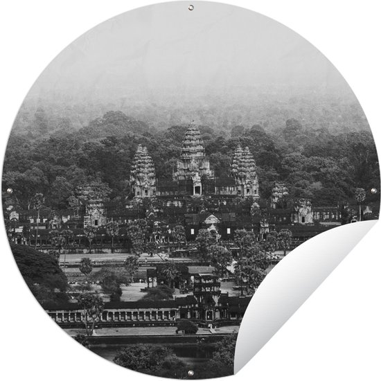 Tuincirkel Angkor Wat van bovenaf in zwart-wit - 90x90 cm - Ronde Tuinposter - Buiten