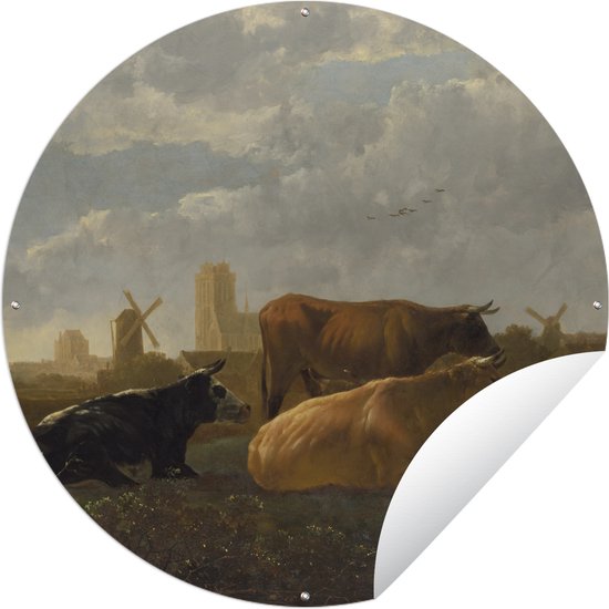 Tuincirkel Een vergezicht op Dordrecht met slapende veehoeder en vijf koeien - Aelbert Cuyp - 90x90 cm - Ronde Tuinposter - Buiten