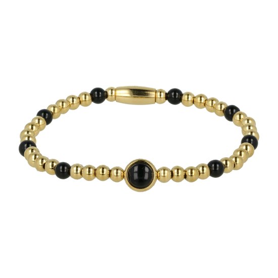 *My Bendel - Gouden armband met Onyx edelsteen bedel - Bedelarmband met bijzondere combinatie van Onyx edelsteen en edelstaal - Met luxe cadeauverpakking