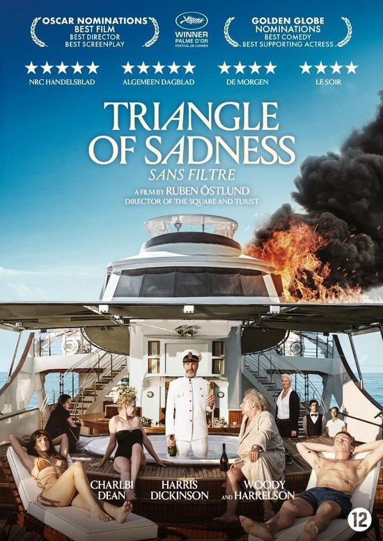 Filmcover 'Triangle of Sadness' met een luxe jacht en de cast in zonnige omstandigheden.