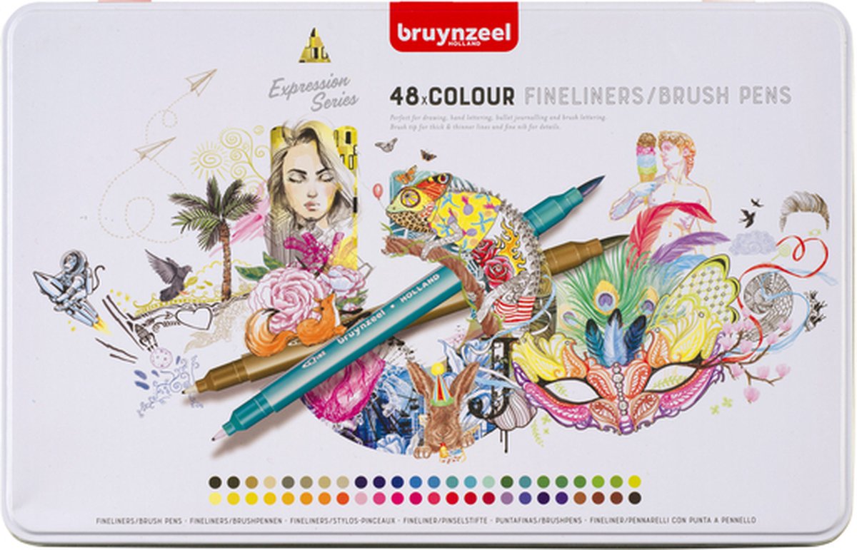 Fineliner en brushpen Bruynzeel etui 48 kleuren | 4 stuks