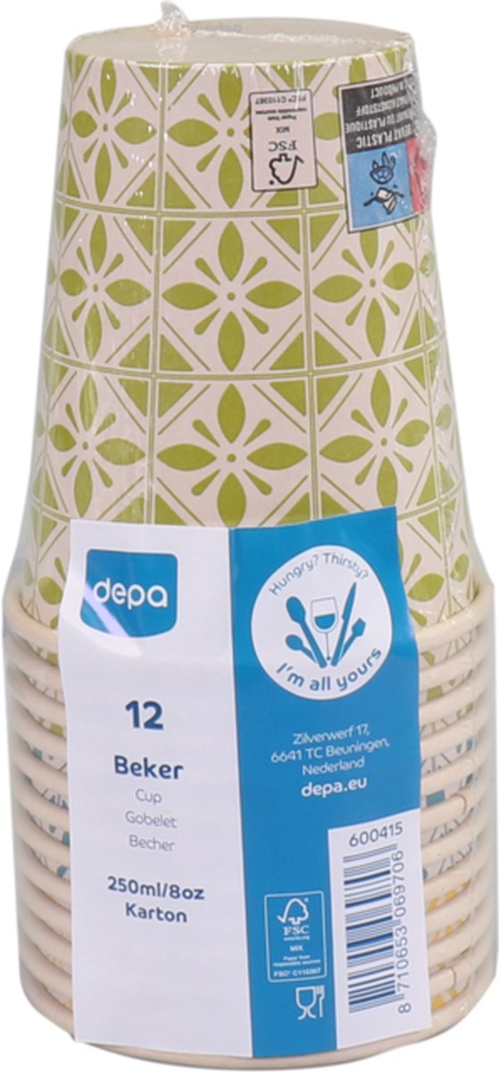 Goedkoopste DEPA® - Drinkbeker - Portugese tegel - Bamboepapier/PE - 250ml - 8oz - assorti - 192 stuks