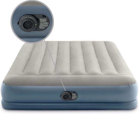 Intex Airbed Set - 2 Personnes - 152 x 203 x 30 cm - Grijs - Avec Pompe Intégrée + Hoeslaken Housse Anthracite + Oreiller + Taies d'oreiller Molton 2 en 1 + Kit de Réparation