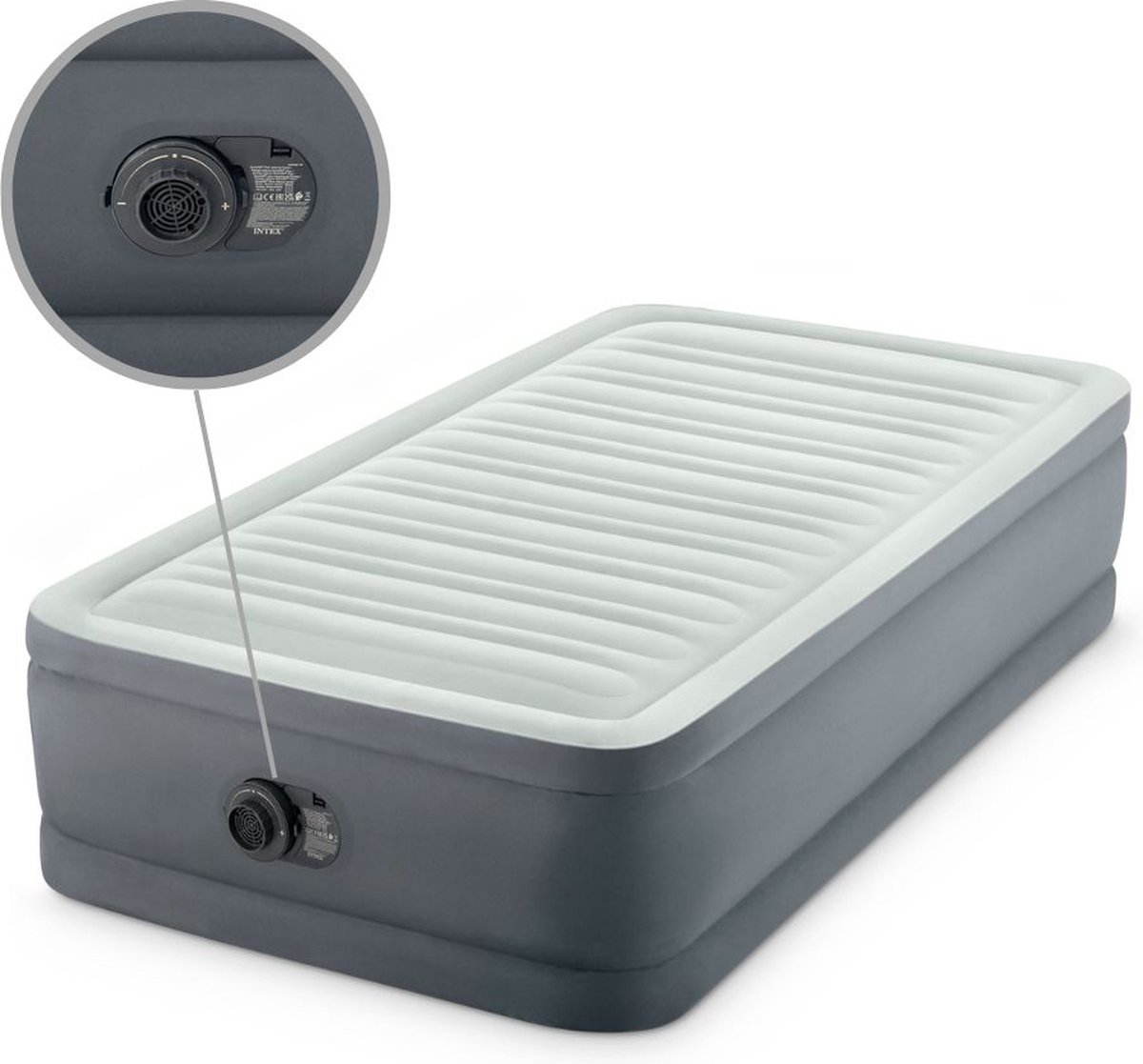 Intex Luchtbed - 1-Persoons - 99 x 191 x 46 cm - Grijs - Met electrische pomp Hoeslaken Wit Kussen Molton 2 in 1 Kussenslopen en Reparatieset