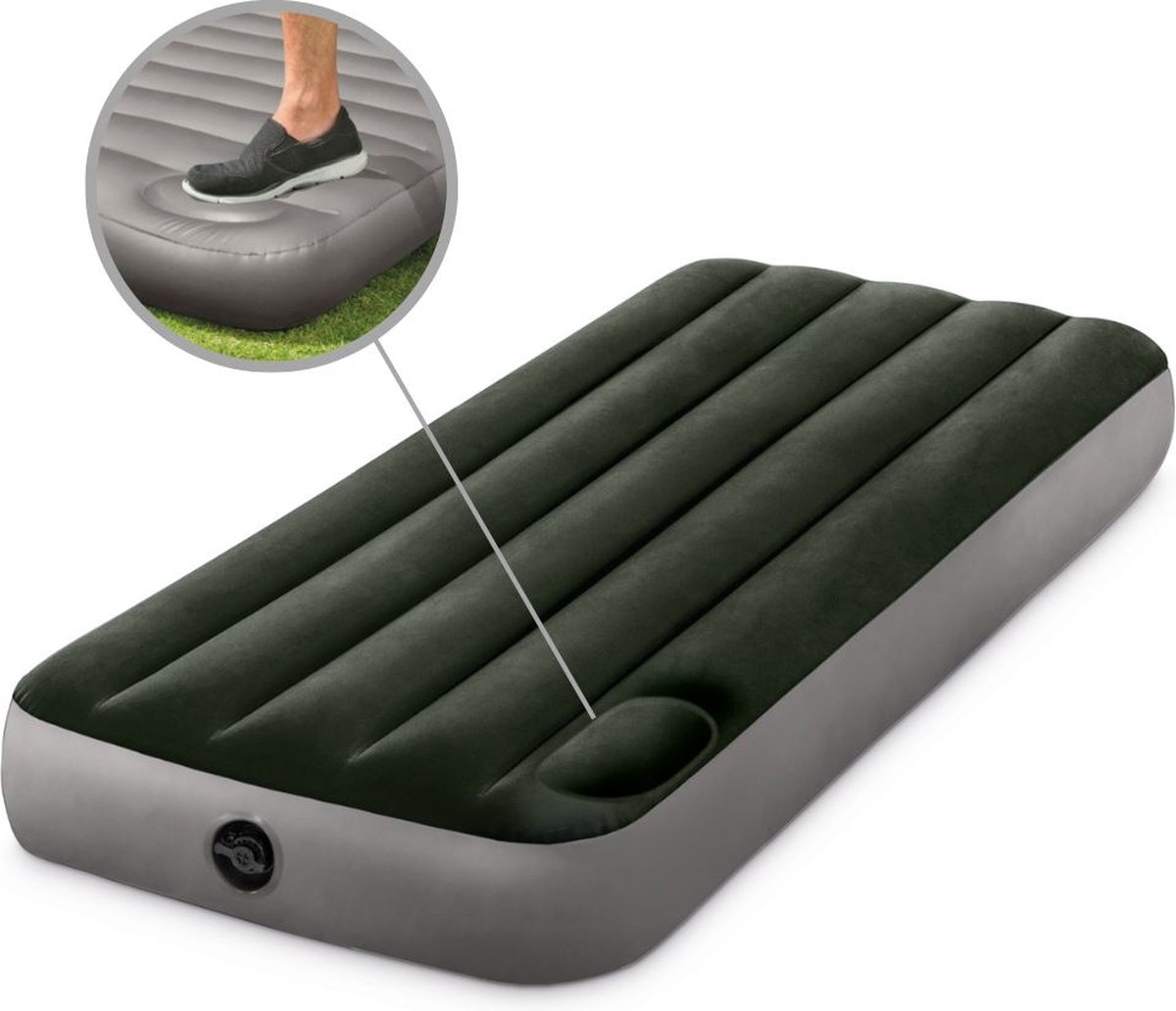 Intex Luchtbedset - 1-Persoons - 76 x 191 x 25 cm - Groen - Met ingebouwde voetpomp + Hoeslaken Wit + Kussen + Molton 2 in 1 Kussenslopen + Reparatieset