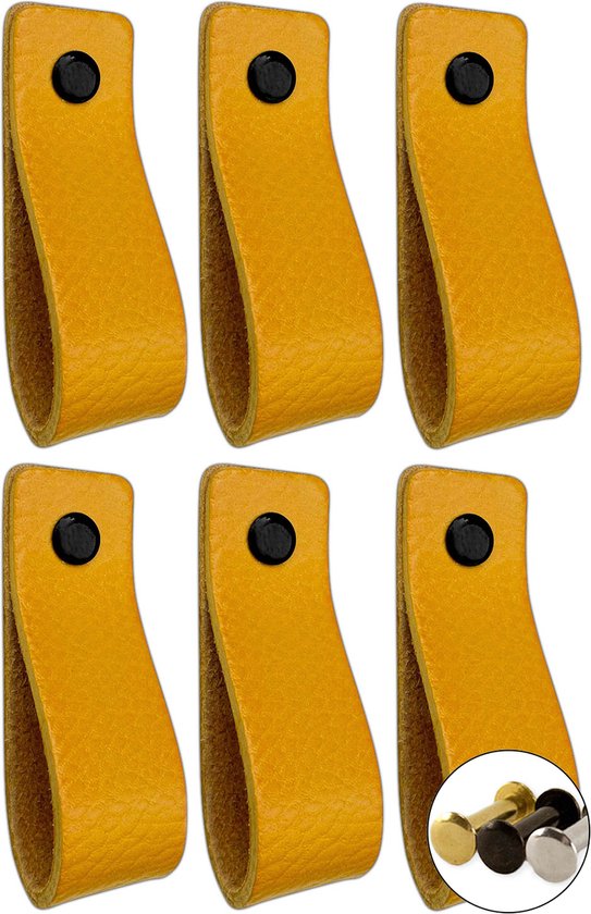 Anses en cuir - Ocre jaune - 12 pièces - 16,5 x 2,5 cm | avec 3 vis de couleur par poignée en cuir