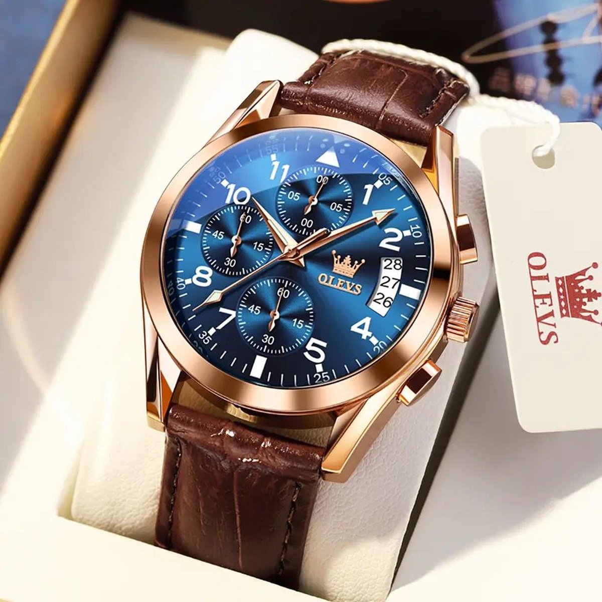 Olevs - Heren Horloge - Lederen Band - Polshorloge - Heren - Cadeau - Horloge - Geschenkdoos - Mannen - Brons  Blauw - Polsband Bruin