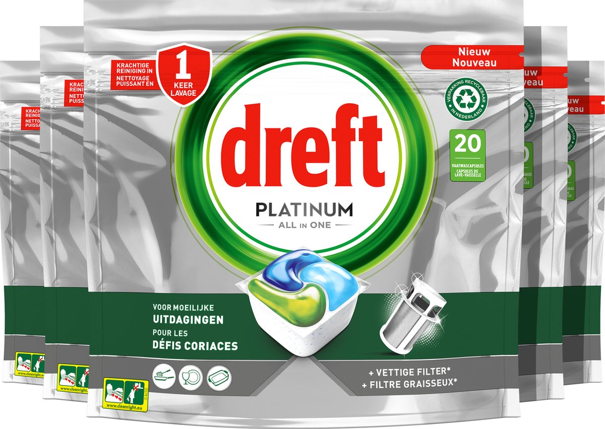 Goedkoopste Dreft Platinum All In One - Vaatwascapsules - Original - Voordeelverpakking 5 x 20 Capsules