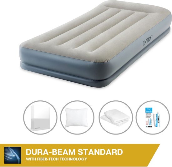 Intex Airbed - 1-Person - 99 x 191x 30 cm - Grijs - Avec pompe intégrée, Hoeslaken Wit, Oreiller, Molton 2 en 1 Taies d'oreiller et Kit de réparation