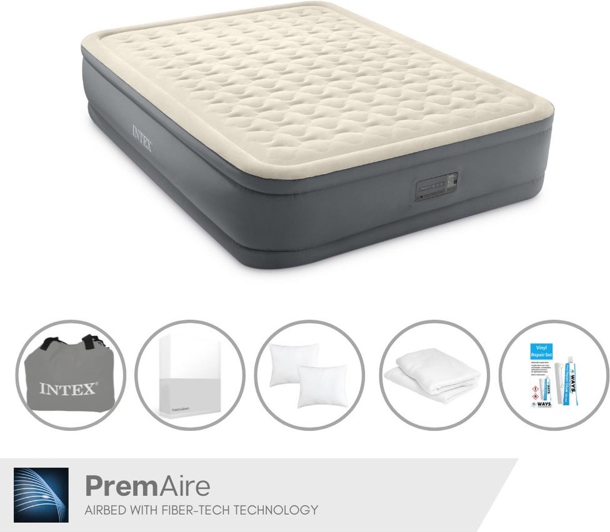 Intex Luchtbedset - 2-Persoons - 152 x 203 x 46 cm - Grijs - Met electrische pomp + Hoeslaken Wit + Kussen + Molton 2 in 1 Kussenslopen + Reparatieset