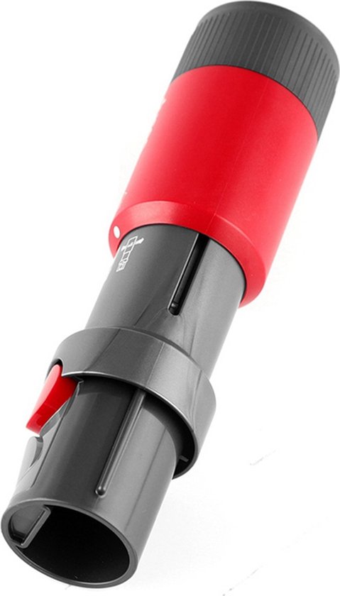 Rood en grijs hulpstuk met rode knop, voor Dyson stofzuigers.